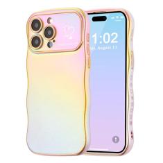 ZTOFERA Capa para iPhone 15 Pro Max de 6,7 polegadas, linda capa ondulada encaracolada com estampa de coração de amor, borda de revestimento iridescente com proteção total da câmera, capa de telefone