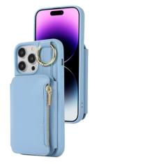 Capa carteira com alça de ombro para iPhone 15 Pro Max 14 13 12 11 Pro Max 15 Plus Anel de dedo Couro Slot para cartão Capa traseira com cordão, azul, para iPhone 13