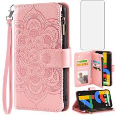 Asuwish Capa de telefone para Google Pixel 4a 4G capa carteira com protetor de tela de vidro temperado e flor de couro flip porta-cartão de crédito suporte acessórios celular Pixel4a Pixle a4 5.8 2020