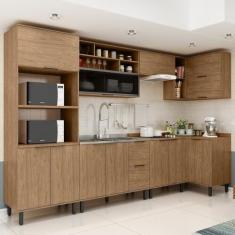 Cozinha Modulada Toscana 7 Peças Mdf com Aéreo 1200 Porta de Vidro Basculante e Armários Canto Freijó