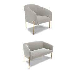 Sofá Namoradeira e Poltrona Pé Ferro Dourado Stella Bouclê Cinza D03 -