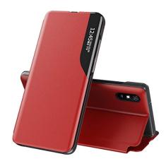 Celular Capa Xiaomi Redmi9A Case Função de Sono Inteligente(Exibidas hora e data) Função de Suporte para flip e Absorção Magnética Case Ultrafina Couro Protetora Cover:Vermelho