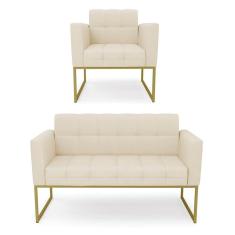 Kit 1 Sofá Namoradeira e 1 Poltrona Elisa Linho Base Metálica Industrial Dourada - D`Rossi
