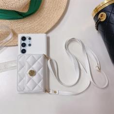 Capa de telefone crossbody de couro PU para Samsung Galaxy S23 FE S22 Ultra Plus A52 A53 A54 Carteira com porta-cartão capa à prova de choque, branca, para Galaxy S23