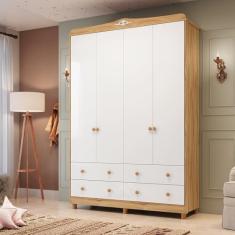 Guarda-roupa de Bebê 156,80cm 4 Portas e 4 Gavetas 100% Mdf Maya Clássico Espresso Móveis Branco Brilho/Amêndoa