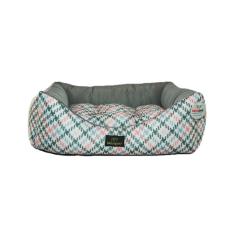 Cama para Cachorro Quadrada em Poliéster Pied de Poule Cinza e Rosa Grande (GG) 50 x 50 cm