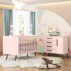 Berço Americano 3820 e Cômoda Infantil 3825 Q Encanto Retrô Qmovi Rosa