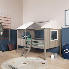 Cama Infantil Cabana em Madeira Maciça Teddi Cinza Rústico/Branco Rústico