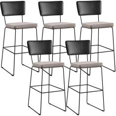 Kit 05 Banquetas Altas Cozinha Allana L02 Preto Linho Bege