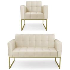 Sofá Namoradeira E 1 Poltrona Base Industrial Dourado Ana Sintético Bege - Ibiza