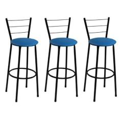 Kit 3 Banquetas Altas Preta com Encosto Assento Azul - Fortmix
