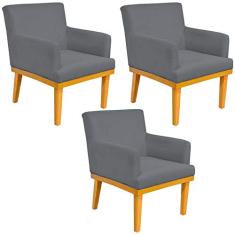 Kit 03 Poltronas Decorativa Para Sala de Estar Base Mel Beatriz W01 Suede Cinza - Lyam Decor