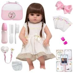 Boneca Reborn Baby 46cm Olhos Castanhos Diversos Acessórios - Cegonha 
