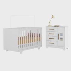 Quarto de Bebê com Berço Mini Cama 100% Mdf Life e Cômoda 4 Gavetas 1 Porta Fly 100% Mdf Branco