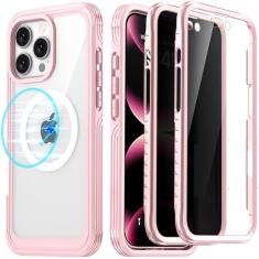 AMILIFECASES Capa para iPhone 16 Pro Max, moldura frontal dupla embutida 9H protetor de tela de vidro temperado + protetor de tela de privacidade, compatível com MagSafe, capa magnética para celular
