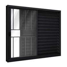 Janela de Alumínio Veneziana de Correr Lateral Com Grade 3 Folhas 100x120cm Riobras Preto
