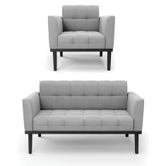 Sofá Namoradeira E Poltrona Base De Madeira Preto Elisa Suede D03 - D'rossi Cor Cinza