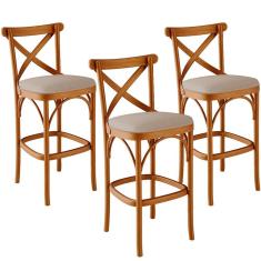 Kit 03 Banquetas Altas Cozinha Bancada Estofada ávila L02 Linho Bege Escuro - Lyam