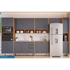 Cozinha Modulada Completa Esplêndida 7 Peças 3 Aéreos + 2 Balcões + 1 Paneleiro + 1 Torre Quente C7p184 Freijó Titanium