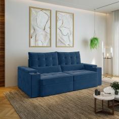 Sofá Retrátil e Reclinável com Porta Copos e Usb 3 Lugares 230cm Embaúba Extra Cabecasa Madeiramadei Azul Diamante