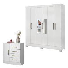 Cômoda Montevidéu e Guarda Roupa Casal Prático Branco com Espelho - Demóbile