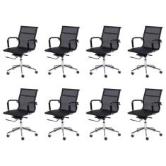 Conjunto 8 Cadeiras para Escritório Diretor com Rodízios Tela Mesh Preto
