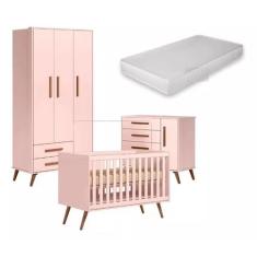 Quarto Completo De Bebê Encanto Retrô Rosa Bebê Berço Com Colchão Espu