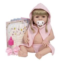 Boneca Bebê Reborn Menina Loira Cabelo Comprido + Roupão - Cegonha Reb