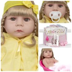 Boneca Reborn 100% Silicone Loira Linda Com Kit 20 Itens - Cegonha Reb