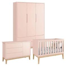 Quarto De Bebê Classic 3 Portas Rosa Com Pés Madeira Natural  Reller -