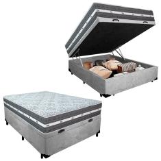 Cama Box Baú Casal 138x188cm Black Graphite com Colchão Molas Ensacadas Suede Cinza Anjos