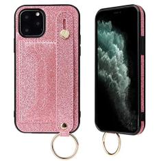Carteira de couro com alça de pulso brilhante para iPhone 6 7 8 Plus 13 12 11 Pro Max XR XS Max X com capa de telefone, ouro rosa, para iPhone 7 Plus