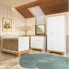 Quarto de Bebê Completo Guarda-roupa e Cômoda e Berço Minicama 100% Mdf Ravy Espresso Móveis Branco Brilho/Amêndoa