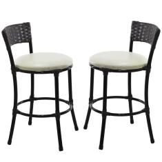 2 Banquetas Forts Baixa Fibra Sintética Preta, Ferro, Assento Estofado Branco