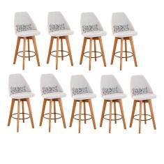 Kit 09 Banquetas Alta Maya Giratória Com Encosto Gourmet Linho Bege e Almofada Flores - Aurora Line