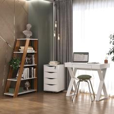 Conjunto Home Office Escrivaninha Gaveteiro Com 4 Gavetas E Estante Organizadora Veneza Branco-freijó