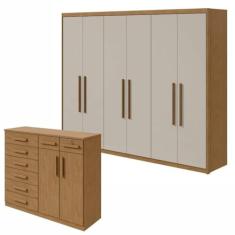Conjunto de Guarda-roupa 6 Portas Áries e Cômoda Toronto Amêndoa Clean/off White