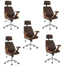 Kit 5 Cadeiras de Escritório Presidente Giratória com Apoia Cabeça Office Lisboa Marrom