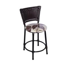 Banqueta Baixa Preta com Encosto Junco Argila Assento Floral Marrom - 