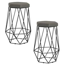 Kit 2 Banqueta Decorativa Rubel Base Preta Veludo Cinza - Gran Belo