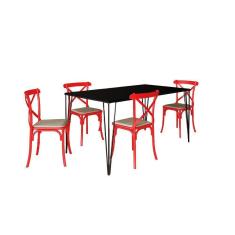 Conjunto De Mesa Elen Retangular Tampo De Madeira 140X80Cm Preto Com 4 Cadeiras Katrina Vermelha