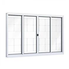 Janela de Aço de Correr 100x120cm 4 Folhas com Grade e Vidro Liso Riobras Branco