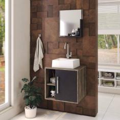 Conjunto para Banheiro Gabinete com Cuba Quadrada Q32 e Espelheira Soft 500W Compace Carvalho Dark/Preto Ônix