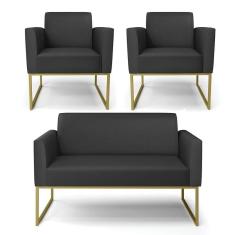 Sofá Namoradeira Com 2 Poltronas Base Industrial Dourado Marisa Corino Preto D03 - D`rossi