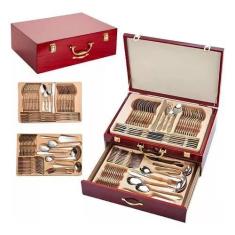 Faqueiro Inox 84 Peças Detalhe Dourado Luxo - Sa, Songle, Nakazaki ou 