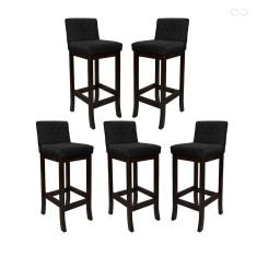 Kit 5 Banquetas Alta com Encosto Matelassê Tóquio Madeira Maciça Maciça Suede Preto CCS