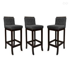 Kit 3 Banquetas Alta para Bancada de Cozinha Nice Madeira Maciça Matelassê Suede Cinza CCS