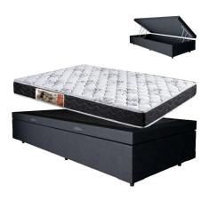 Cama Box Baú preto Solteiro Colchão Mola Ensacada + 61x88x188