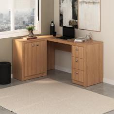 Mesa para Escritório em L com 3 Gavetas e Armários Me4100 - Tecno Mobi