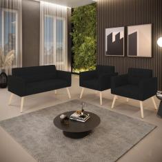 Kit 1 Sofá Namoradeira e 2 Poltronas Elisa Linho Preto A79 Pés Palito 